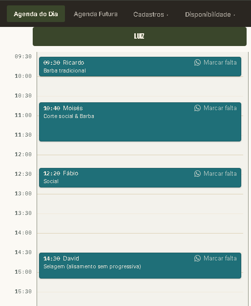 Tela administrativa Agenda do Dia do sistema Agenda Barbearia