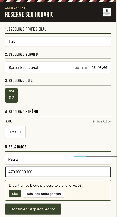 Tela pública de agendamento do sistema Agenda Barbearia